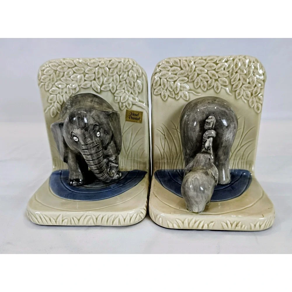 Quon Quon Porcelain Elephant Mom and Baby Japanese Bookends Original Stickers